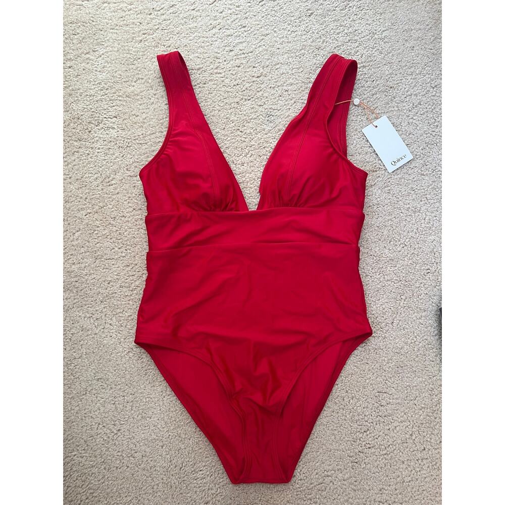 NEW Quince Italian Plunge One Piece Swimsuit Bathingsuit Cherry Red V Neck Wom L